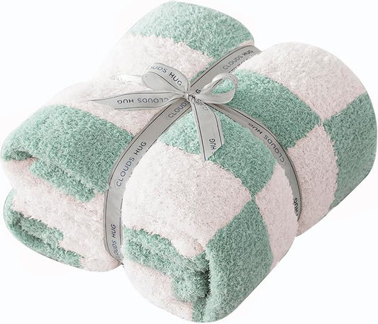 Oversized King Checkered Blanket for Couch - Super Soft Extra Large Throw Blankets for Bed， Fluffy Fuzzy Plush Lightweight Cozy Blanket，120" x 120",Sage Green