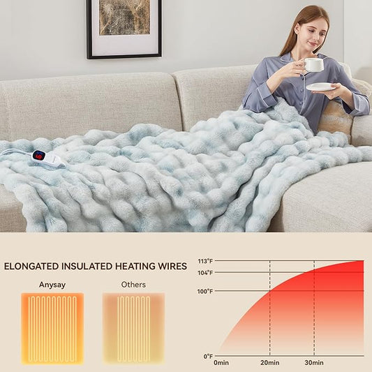 Heated Blanket Throw with 1/2/4/6/8 Hours Auto-Off 10 Heat Level, 72'' * 84'' Cozy Faux Rabbit Fur Bubble Electric Blanket with Overheat Protection(Blue)