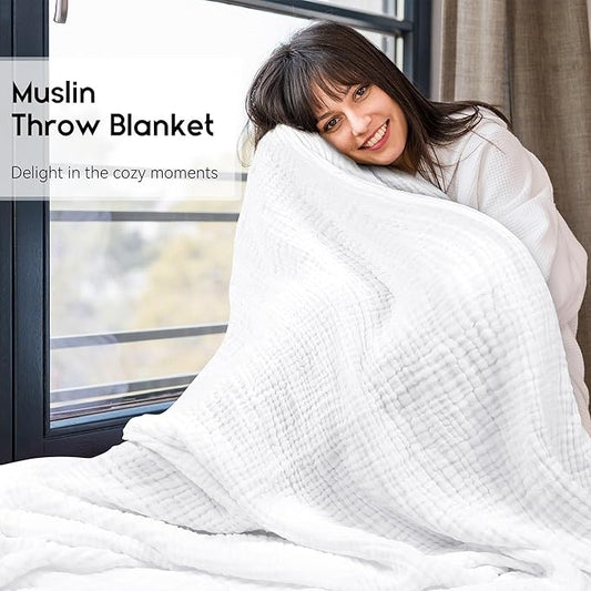 Yoofoss Muslin Blanket 100% Cotton Throw Large 50" x 60" for Bed Couch Summer Gauze Blanket for Adults Lightweight and Breathable White