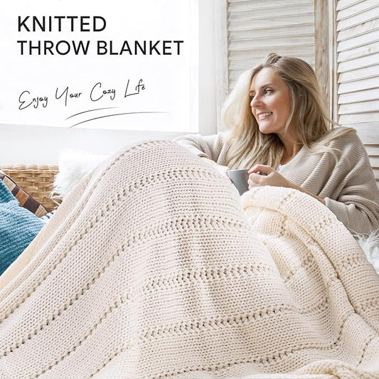 RECYCO Cable Knit Cream White Throw Blanket Twin Size for Couch, Super Soft Warm Cozy Decorative Knitted Throw Blanket 3.6LB for Bed, Sofa, Chair Large 60"x80"