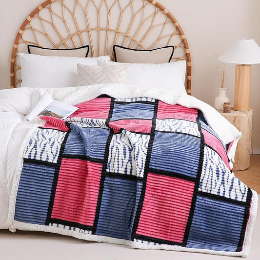 PU MEI Sherpa Blanket Fleece Throw Blanket Twin Plaid Thick Bed Blanket, Soft Warm Cozy Throw Blanket, 60”*80” Zabra-Navy Pink