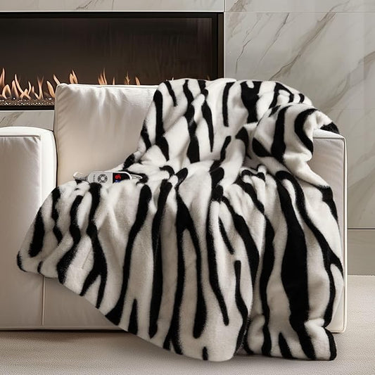 Luxury Faux Fur Heated Blanket Electric Throw - Zebra Print Ultra Soft Thick Warm Heated Blanket, 6 Heating Levels & 12 Hours Auto-Off, ETL Certified, Washable, Luxurious Gifts, 50''x60''