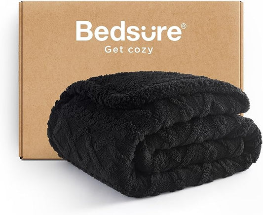 Bedsure Sherpa Fleece Blanket Twin Size for Bed - Fuzzy Soft Cozy Cable Throw for Couch, Thick Warm Blankets for Winter, Black, 60x80 Inches