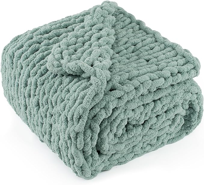 Chunky Knit Throw Blanket 60"X 80", 100% Handmade with Soft Chenille Yarn, 6.7lbs Thick Cable Knitted Blankets, Large Rope Knot Crochet Throws for Couch Sofa Bed Home Decor, Sage Green