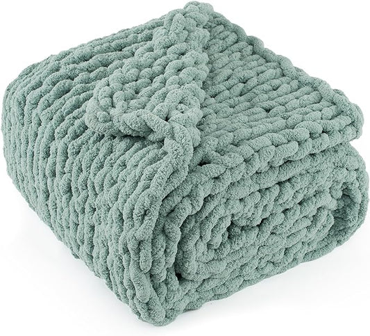 Chunky Knit Throw Blanket 60"X 80", 100% Handmade with Soft Chenille Yarn, 6.7lbs Thick Cable Knitted Blankets, Large Rope Knot Crochet Throws for Couch Sofa Bed Home Decor, Sage Green