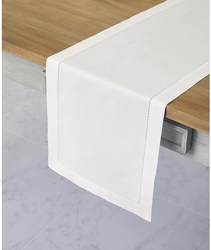 Solino Home White Table Runner 36 Inches - Cotton Linen Hemstitch Coffee Table Runner 14 x 36 Inch Ideal for Dresser Tables - Summer, Fall, Autumn, Halloween