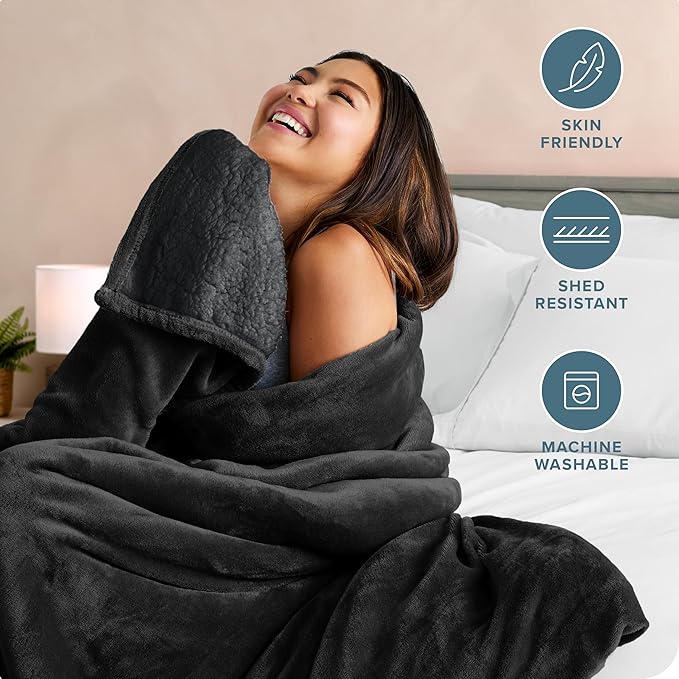 Bare Home Sherpa Fleece Blanket - King Size - Blanket for Bed, Sofa, and Couch - Warm & Lightweight - Fluffy & Soft - Reversible (King, Black - Black)