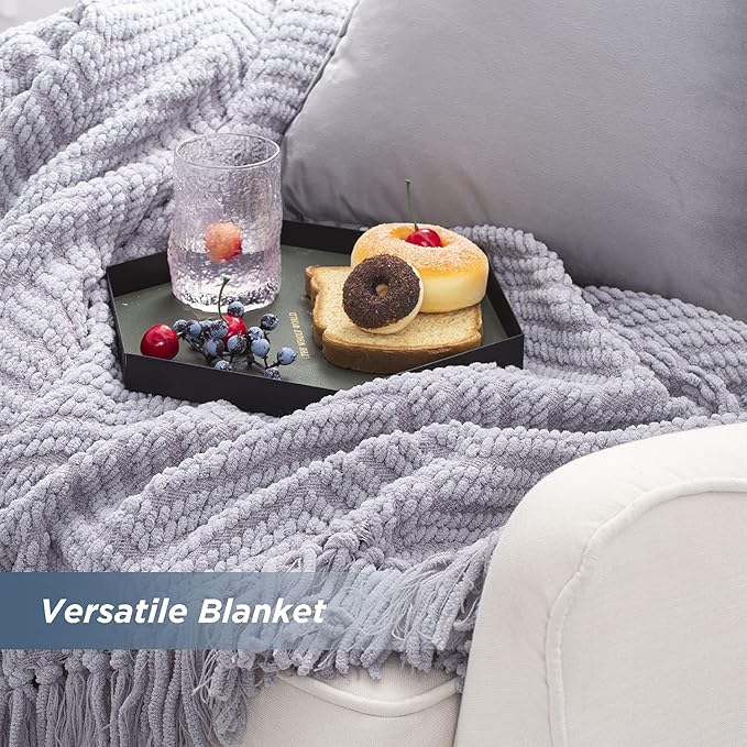 Bedsure Throw Blankets for Couch - Textured Chunky Knit Woven Chenille Blanket - Super Soft, Warm Decorative Boho Throw with Tassels for Bed, Sofa and Living Room Decor, Grey, 60x80 Inches