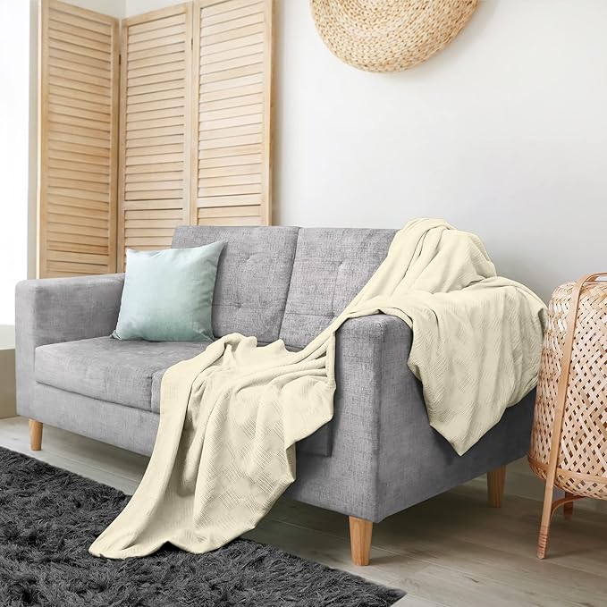 Utopia Bedding Ivory 100% Cotton Blanket [Twin Size - 90x72 Inch] 350GSM Lightweight, Soft and Breathable Thermal Blanket for All Seasons