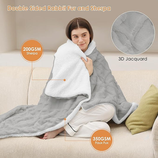 ESTINGO Faux Fur Electric Throw Blanket, Luxury Furry Throw Heated Blanket, 3D Geometric Pattern Thick Rabbit Fux Fluffy Heating Blanket with 5 Heating Levels & 4 Hours Auto Off, 50" x 60" Light Gray