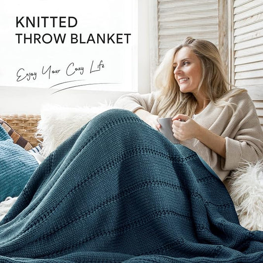 RECYCO Cable Knit Navy Blue Throw Blanket Twin Size for Couch, Super Soft Warm Cozy Decorative Knitted Throw Blanket 3.6LB for Bed, Sofa, Chair Large 60"x80"