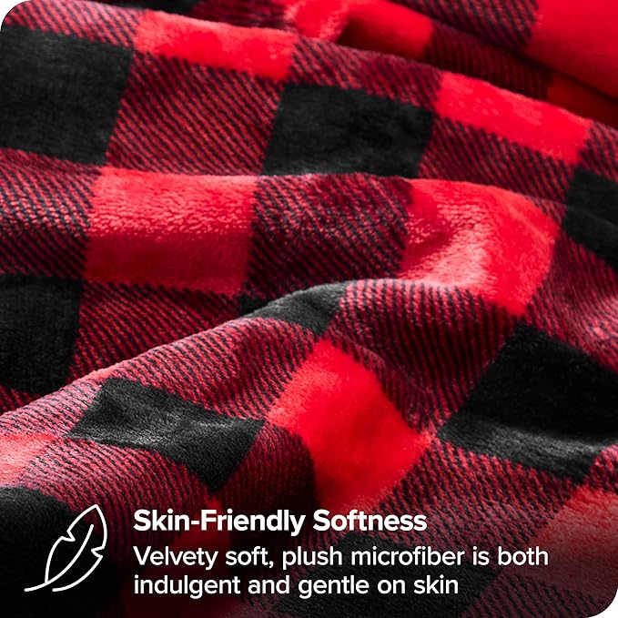 Bare Home Fleece Microplush Blanket - Extra Long - Lightweight Throw for Bed, Sofa, Couch, Movie Night, Camping, and Travel - Ultra Soft Warm Blanket (Twin/Twin XL, Chester Buffalo Plaid - Red/Black)