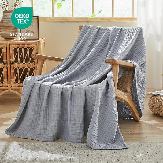 EMME Cotton Muslin Queen Blanket Bed Layering Breathable Gauze Blanket Soft Lightweight Blankets Adults (Dusty Blue, 90"x90")