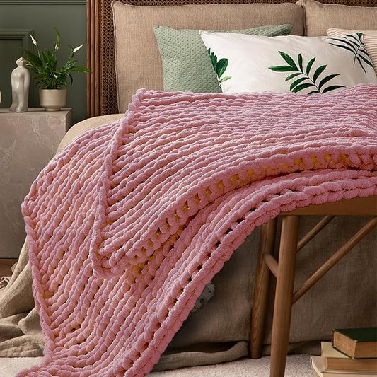 Light Pink Throw Blanket, 40" x 50" Chunky Knit Blanket, Handmade Warm & Soft Chenille Throw Blanket, Washable Decorative Knit Blanket with Jumbo Chenille Yarn for Couch Bed Sofa