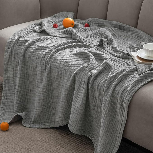 PHF 100% Cotton Muslin Blanket Queen Size 90" x 90", 4-Layer Lightweight and Breathable Blanket for Summer, Luxuriously Soft Gauze Bedding for Bed, Natural Minimalism Style, Ideal Gift, Grey
