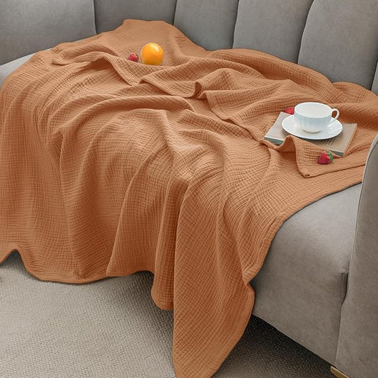 PHF 100% Cotton Muslin Blanket King Size 108" x 90", 4-Layer Lightweight and Breathable Blanket for Summer, Luxuriously Soft Gauze Bedding for Bed, Natural Minimalism Style, Ideal Gift, Caramel