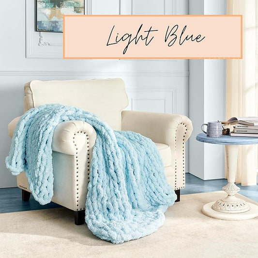 Adyrescia Chunky Knit Blanket Throw | 100% Hand Knit with Jumbo Chenille Yarn (50"x60", Light Blue)
