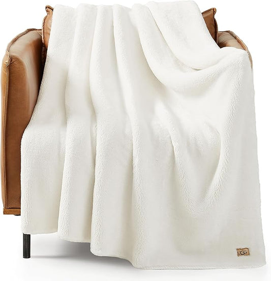 UGG Whitecap Plush Throw Blanket Fleece Lightweight Soft Cozy Throw for Couch Luxury Home Decor for Living Room Machine Washable Hypoallergenic Flannel Blankets, 50-inch x 70-inch, White Snow