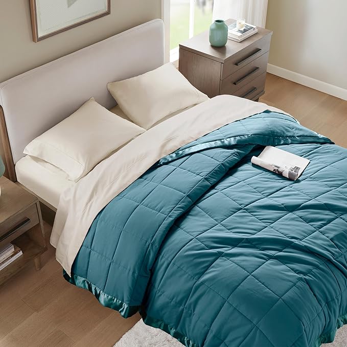Madison Park Windom Down Alternative Blanket, Premium 3M Scotchgard Moisture Wicking Treatment, Lightweight and Soft Bed Cover For All Season, Satin Trim, Teal Twin