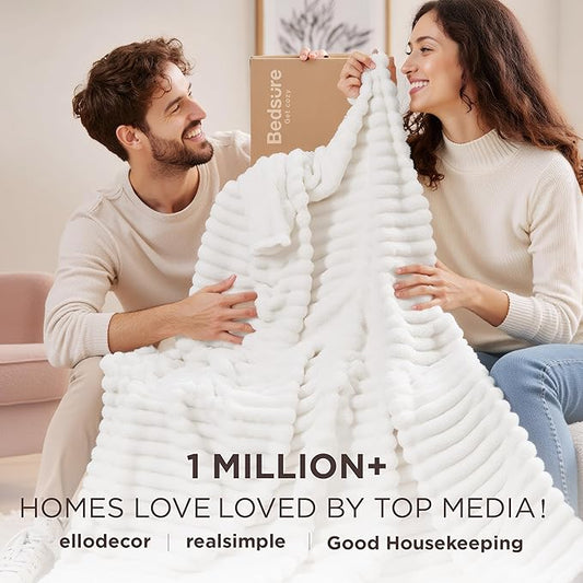 Bedsure White Throw Blanket for Couch - GentleSoft Cozy Blankets for Women, Cute Fleece Throws for Girls Dorm Graduation, Birthday Gifts for Women, Fathers Day Decor Gifts, Off White, 50x60 Inches