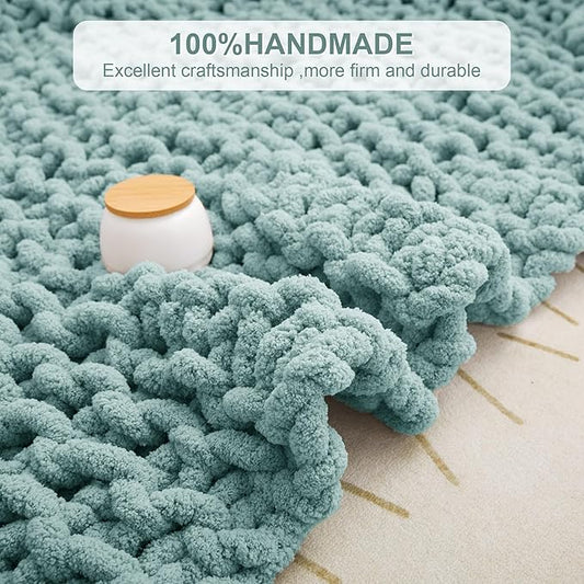 Knit Blanket 40"x50" Aqua Blue Cream Soft Washable Chenille Throw Blanket Cozy 100% Handmade Crochet Blankets with Jumbo Chenille Yarn for Couch Bed Sofa Room Decor