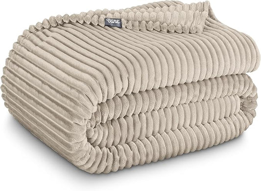 Bare Home Textured Fleece Microplush Blanket - Lightweight Throw for Bed, Sofa, Couch, Camping, and Travel - Ultra Soft Warm Blanket (Throw, Ribbed Oyster)