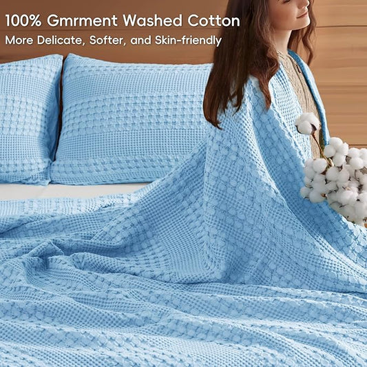 PHF 100% Cotton Waffle Weave Blanket Queen Size, Soft Lightweight Breathable Cozy Summer Blankets for Bed, Luxury Aesthetic Woven Bedding for Home Decor, 90"x90", Sky Blue
