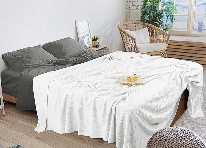 Utopia Bedding White 100% Cotton Blanket [Queen Size - 90x90 Inch] 350GSM Lightweight, Soft and Breathable Thermal Blanket for All Seasons