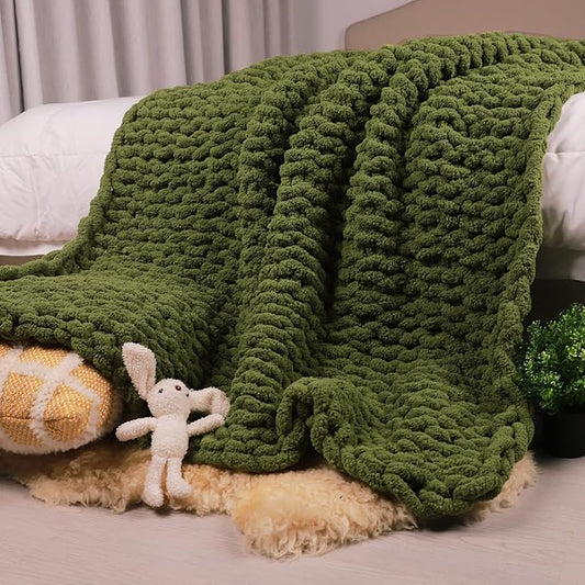 Carriediosa Chunky Knit Throw Blanket 60" X 80" Twin, 100% Hand Made Large Chenille Loop Yarn Soft Fluffy Throws for Couch Sofa Bed, Big Crochet Cozy Heavy Thick Cable Woven Blankets, Olive Green