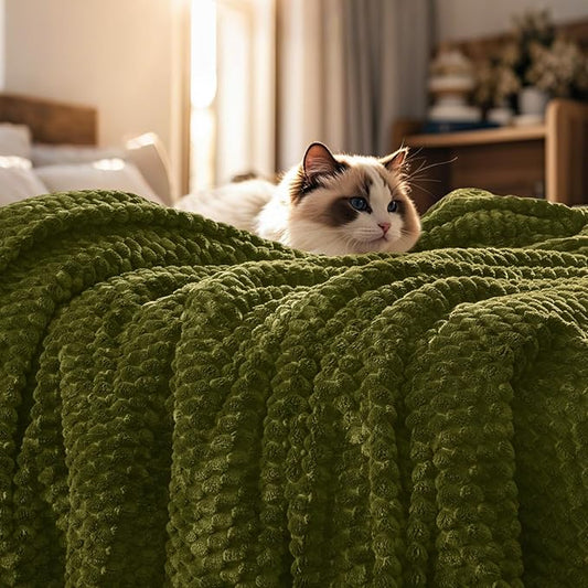 PHF Ultra Soft Flannel Fleece Blanket Queen Size, Lightweight 3D Jacquard Fleece Blanket, No Shedding, No Pilling, Luxury 340GSM Aesthetic Fluffy Cozy for Bed Room Decor, 90"x90", Olive Green