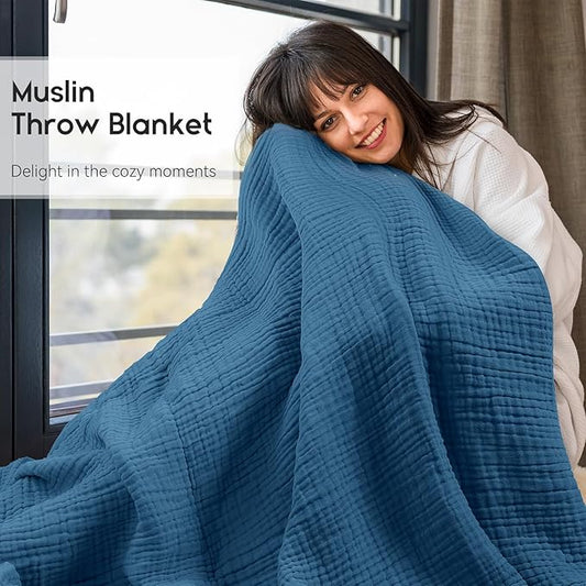 Yoofoss Muslin Blanket 100% Cotton Throw Large 50" x 60" for Bed Couch Summer Gauze Blanket for Adults Lightweight and Breathable Dark Blue