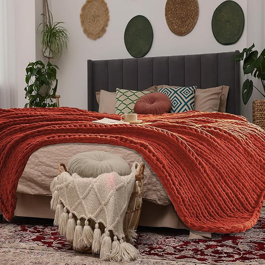 Orange Throw Blanket, 30" x 40" Chunky Knit Blanket, Handmade Warm & Soft Chenille Throw Blanket, Washable Decorative Knit Blanket with Jumbo Chenille Yarn for Couch Bed Sofa