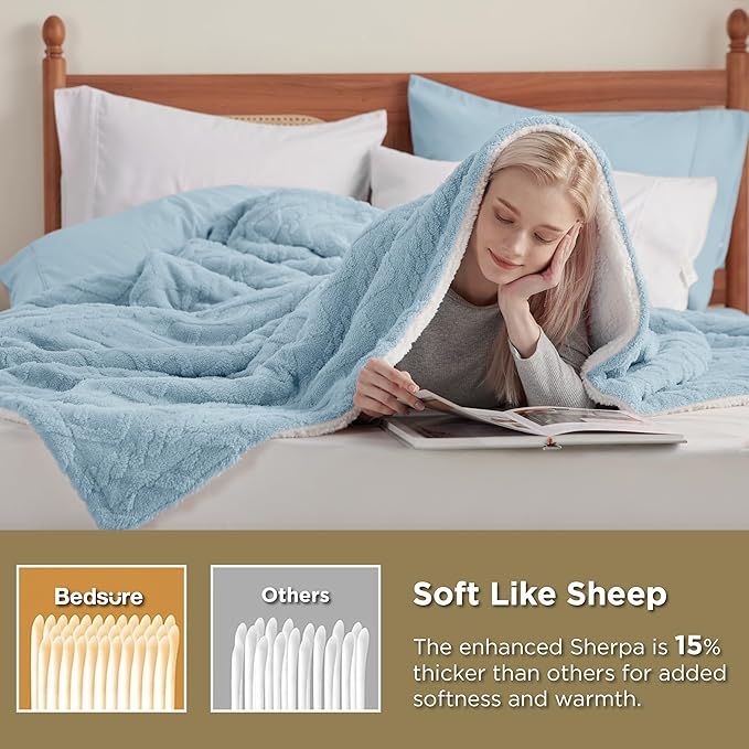 Bedsure Sherpa Queen Size Blanket for Bed - Fleece Soft Cozy Fuzzy Cable Blankets for Women, Thick Warm for Winter and All Seasons, Blue, 90x90 Inches