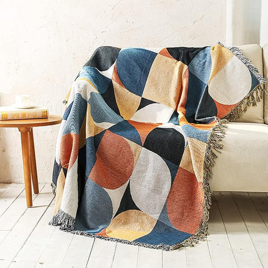 Luxlovery Beige Bohemian Sofa Throw Blankets Ethnic Woven Boho Geometric Multicolor Blue and Orange Throw Blanket for Couch Aztec Bed Throws Oversized Chair Sofa Cover with Tassels(63"x86")
