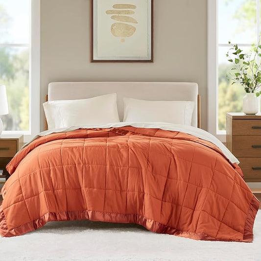 Madison Park Twin Blanket Quilted Microfiber, Satin Binding, 3M Scotchgard Moisture Wicking Treatment, Soft and Lightweight Summer Blanket for Couch, Windom, Twin, Orange