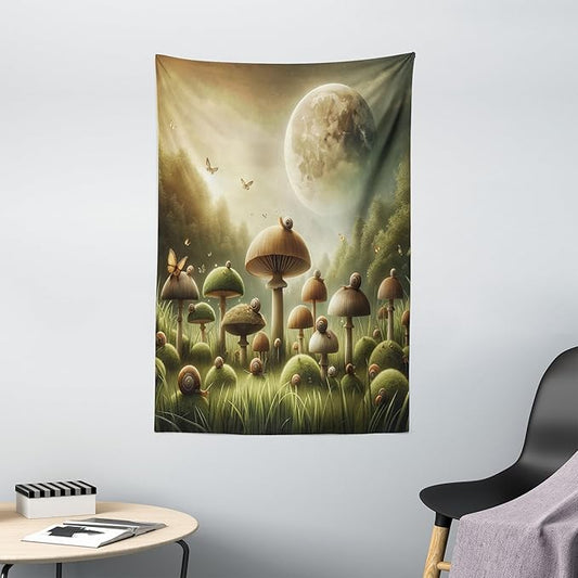 Ambesonne Mushroom Tapestry, Dreamy Space Aura Fantasy Meadow Illustration Featuring Moon and Woods, Wall Hanging for Bedroom Living Room Dorm Decor, 40" X 60", Reseda Green and Khaki