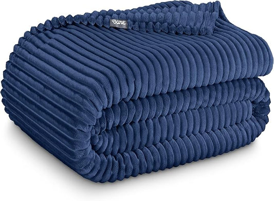 Bare Home Textured Fleece Microplush Blanket - Extra Long - Lightweight Throw for Bed, Sofa, Couch, Movie Night, Camping, and Travel - Ultra Soft Warm Blanket (Twin/Twin XL, Ribbed Dark Blue)