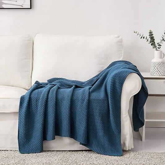 Longhui bedding Blue Knitted Throw Blanket for Couch, Soft, Cozy Machine Washable 100% Cotton Sofa Knit Blankets, Heavy 4.0lb Weight, 60 x 80 Inches, Laundry Bag Included