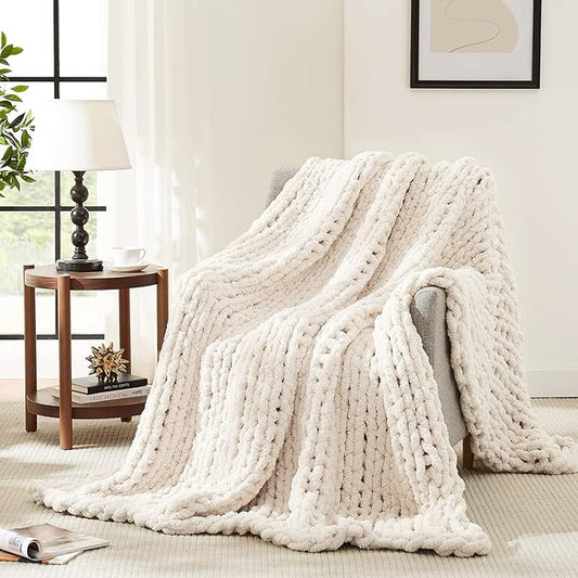 L'AGRATY Chunky Knit Blanket Throw: 72''x84'' Chenille Chunky Knitted Throw Blanket for Bed Couch - Handmade Thick Big Cable Knit Blanket - Large Chunky Crochet Rope Blanket for Home Decor(Ivory)
