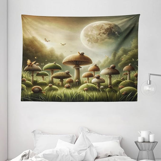 Ambesonne Mushroom Tapestry, Dreamy Space Aura Fantasy Meadow Illustration Featuring Moon and Woods, Wide Wall Hanging for Bedroom Living Room Dorm, 80" X 60", Reseda Green and Khaki