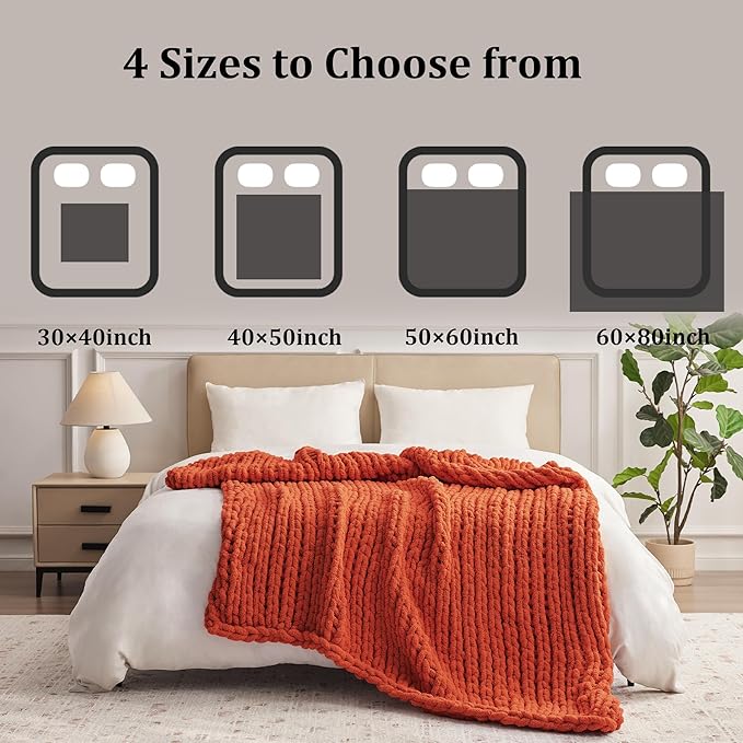 Orange Throw Blanket, 30" x 40" Chunky Knit Blanket, Handmade Warm & Soft Chenille Throw Blanket, Washable Decorative Knit Blanket with Jumbo Chenille Yarn for Couch Bed Sofa