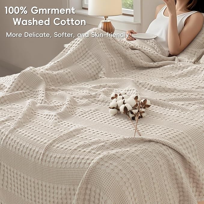 PHF 100% Cotton Waffle Weave Blanket Twin Size, Soft Lightweight Breathable Cozy Summer Blankets for Bed, Luxury Aesthetic Woven Bedding for Home Decor, 66"x90", Oatmeal