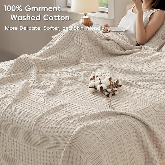 PHF 100% Cotton Waffle Weave Blanket King Size, Soft Lightweight Breathable Cozy Summer Blankets for Bed, Luxury Aesthetic Woven Bedding for Home Decor, 108"x90", Oatmeal