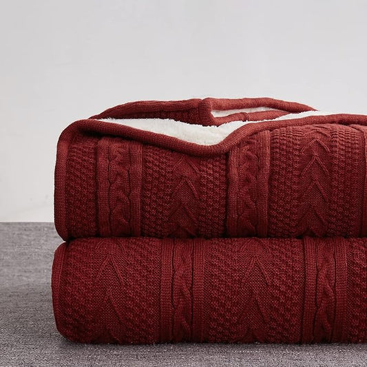 Longhui bedding Wine Red 50 x 63 Inches Acrylic Cable Knit Sherpa Throw Blanket - Thick, Soft, Big, Cozy Knitted Fleece Blankets for Couch, Sofa, Bed - Large Coverlet All Season, Burgundy Color