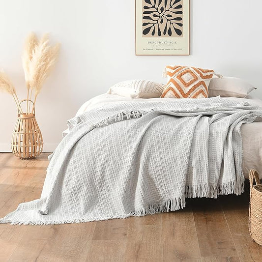100% Cotton Waffle Blanket with Fringe, Pre-Washed Waffle Weave Blanket for All Season, Lightweight Breathable Soft Cozy Throw Blanket for Couch, Bed, Travel (Light Grey - 66x90 Inches)