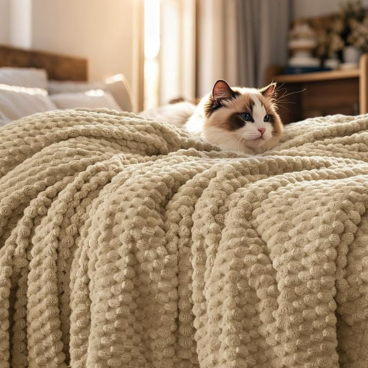 PHF Ultra Soft Flannel Fleece Blanket Twin Size, Lightweight 3D Jacquard Fleece Blanket, No Shedding, No Pilling, Luxury 340GSM Fluffy Cozy Bedding for Bed Room Decor, 66"x90", Camel/Light Khaki