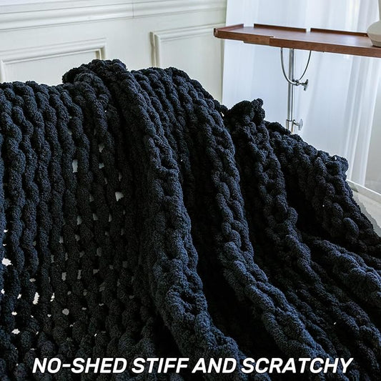 Chunky Knit Blanket - Luxury Soft Cozy Queen Size(50 * 60) Throw Blanket,100% Woven Blanket Rope Knot Throw Blanket for Couch, Sofa, Home Decor, Gift - Machine Washable（Black）