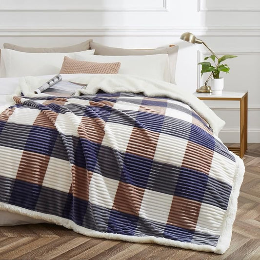 PU MEI Sherpa Blanket Twin Plaid Thick Bed Blanket, 60”*80” Super Soft Flannel Fuzzy Fleece Reversible Velvet Plush Warm Blanket for Couch (Navy Check, 60"*80")