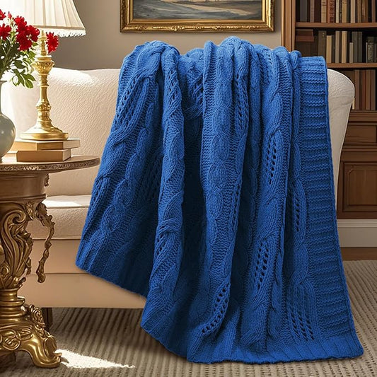 Amélie Home Chunky Knit Chenille Throw Blanket, Breathable Cable Knitted Blanket for Couch, Farmhouse Decorative Throw for Sofa Chair Bed, 50"x60", Blue