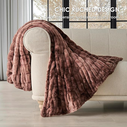 EVERGRACE Luxurious Soft Faux Rabbit Fur Throw Blanket, Cozy Fuzzy Plush Warm Throws for Couch Bed Sofa Chair Home Decor, Ruched Bubble Fluffy Blanket with Reversible Velvet, 60" x 80", Mocha Brown